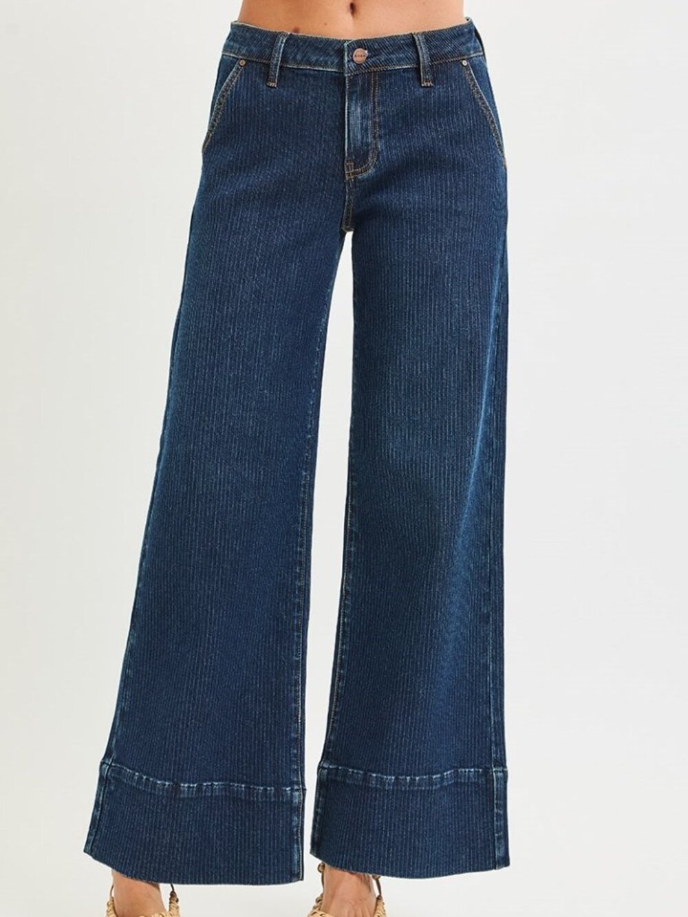 Plus Risen Jeans Wide Leg Texture Pin Stripe Wide Hem Denim Jeans